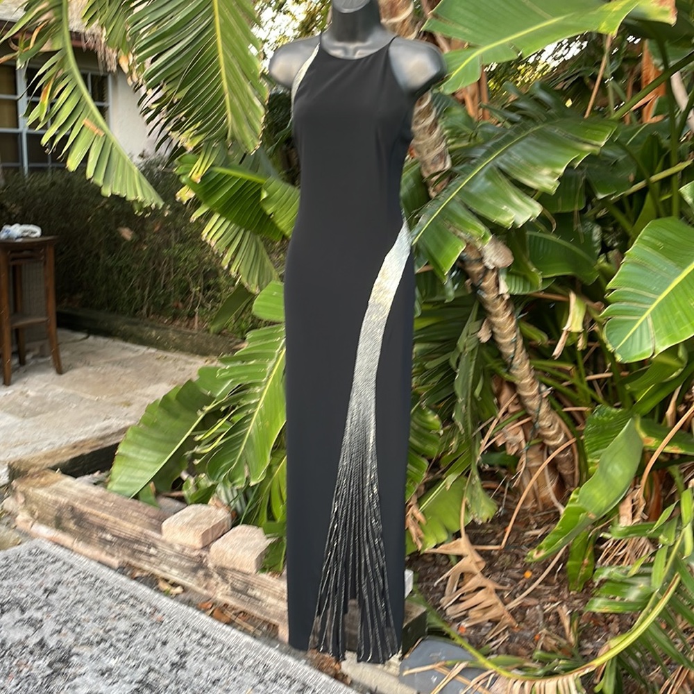 Lily Rubin  silk beaded metallic river halter column maxi dress